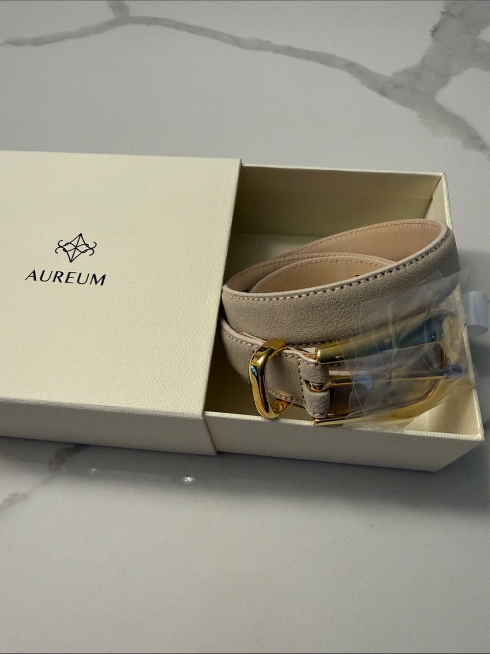 AUREUM Beige Leather Belt with Gold Buckle